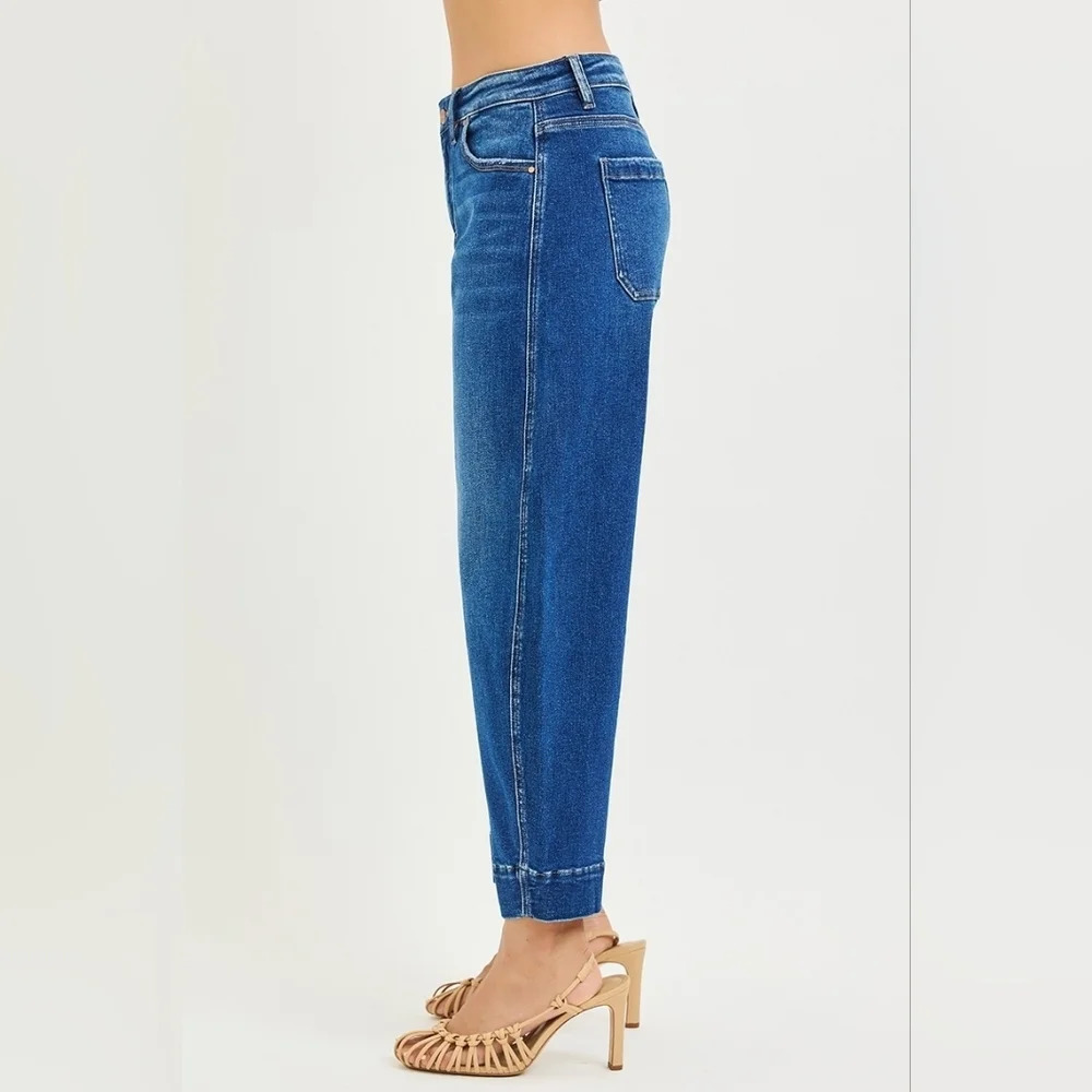 RISEN Mid Rise Dark Wash Barrel Jeans Ankle Cropped Trouser Classic Various NEW - Picture 5 of 6